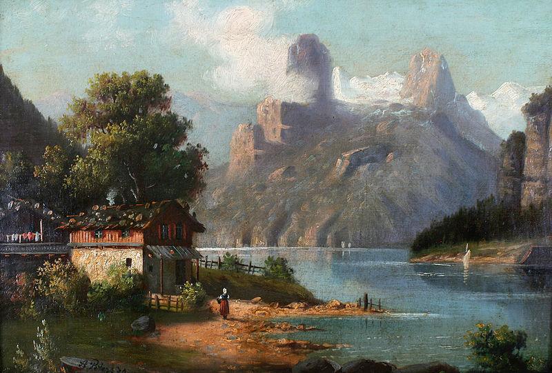 August Peters Cottage with lake and mountains oil painting image